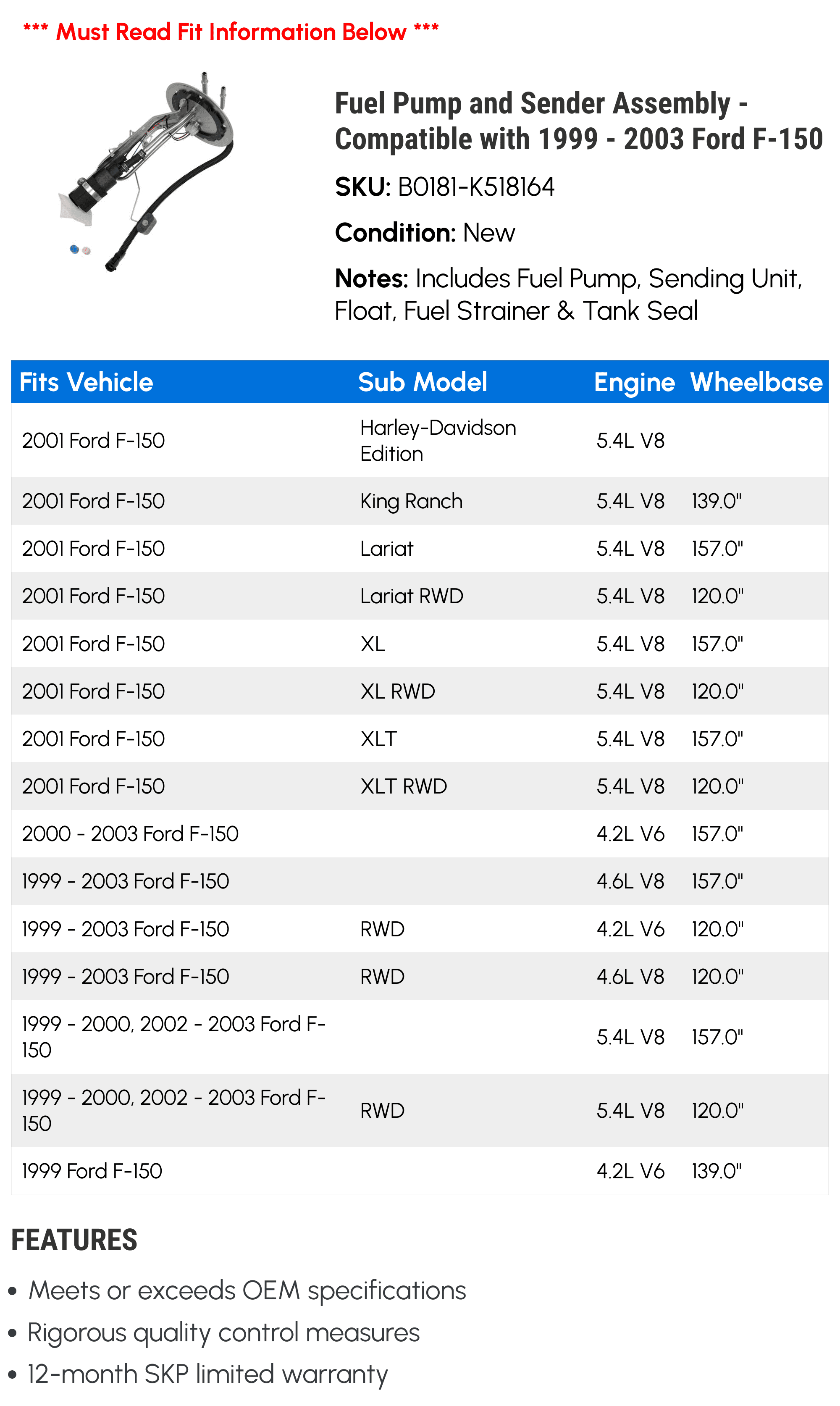 Fuel Pump and Sender Assembly - Compatible with 1999 - 2003 Ford F-150 2000 2001 2002