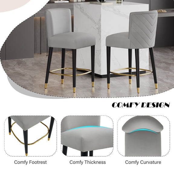 27 inch Counter Stool with Tufted Backrest, Modern Bar Stool Set of 2 in Grey Fabric and Gold Footrest for Kitchen Island