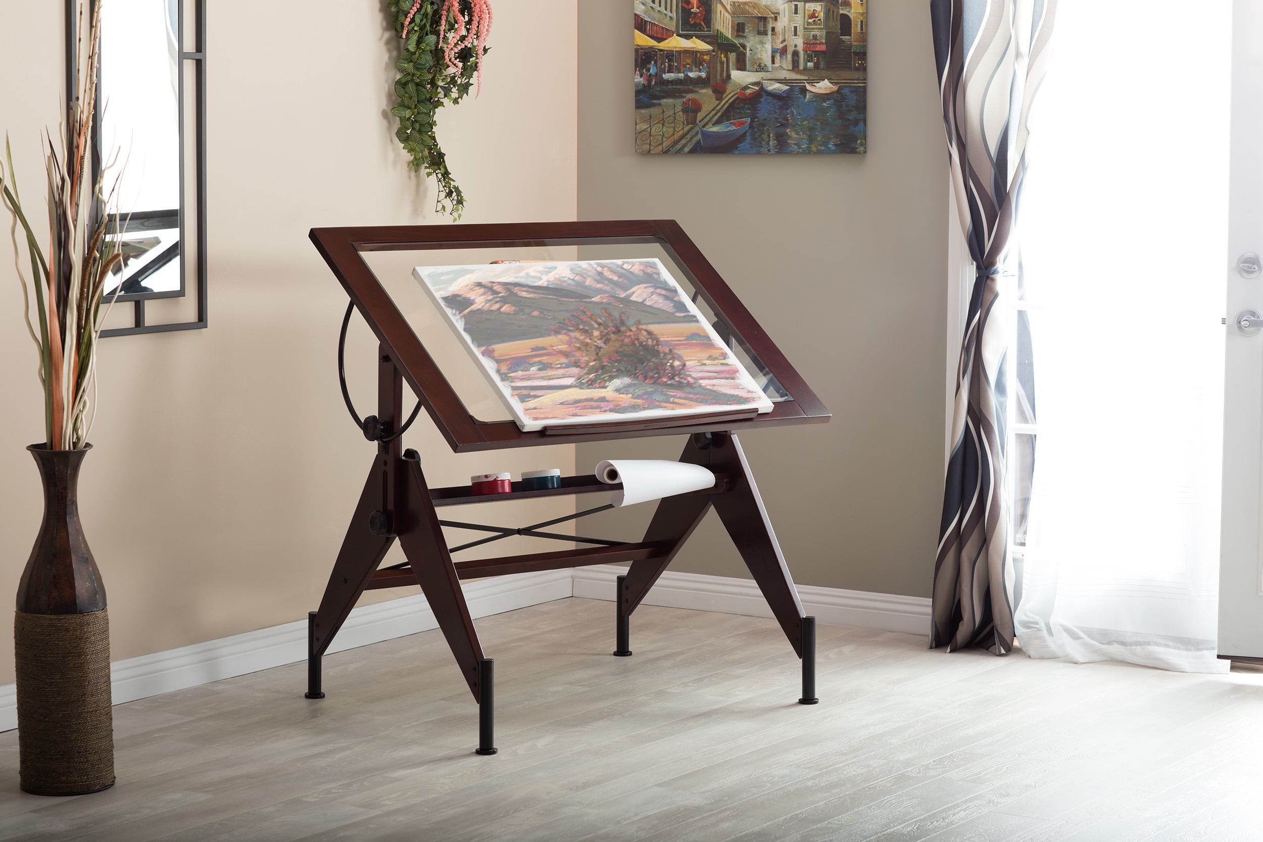 Studio Designs Aries Glass Tilting Top Table, Dark Walnut/Black