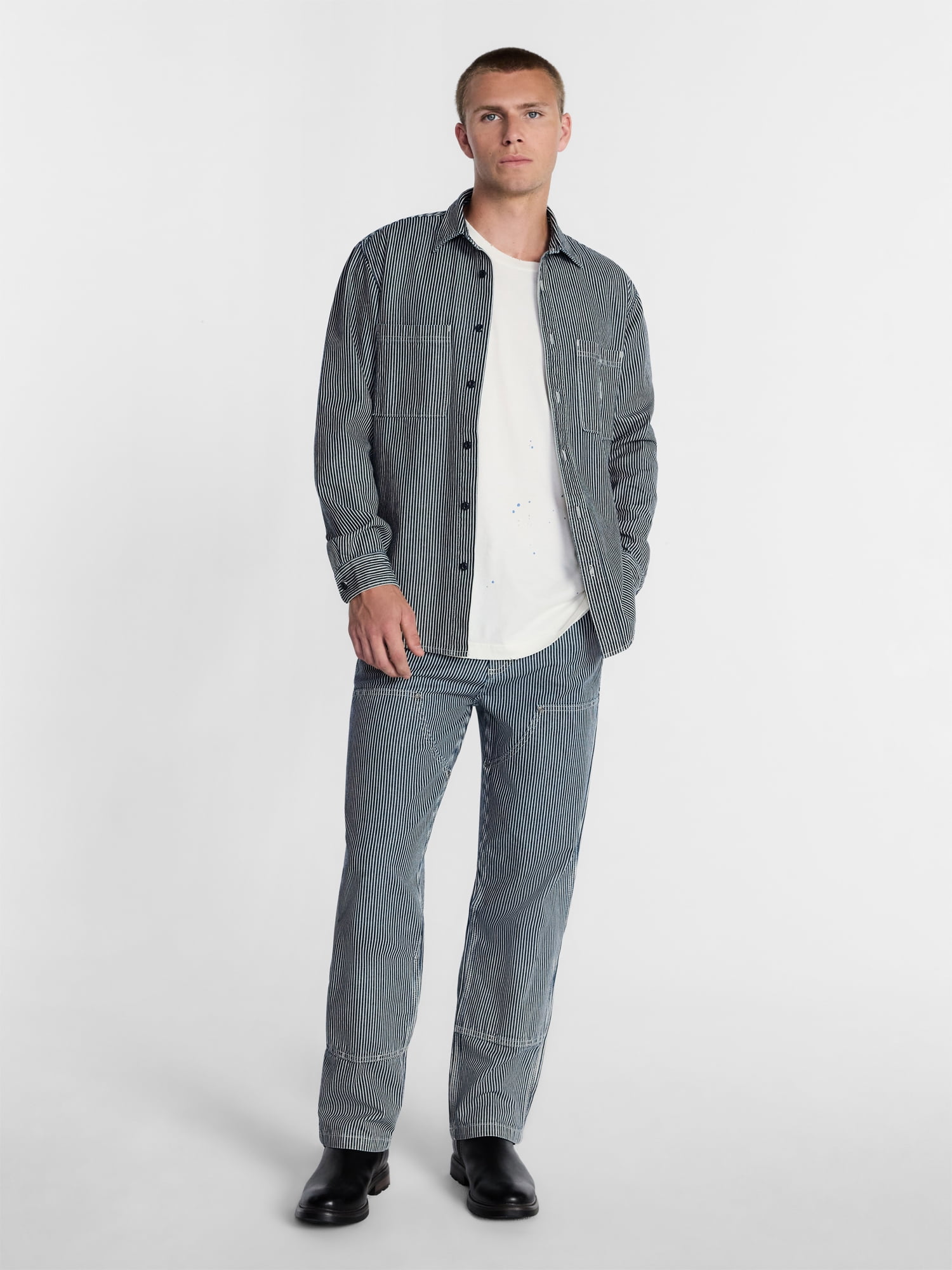 Kacey Lee Men's Workwear Striped Denim Shirt with Long Sleeves, Sizes S-2XL