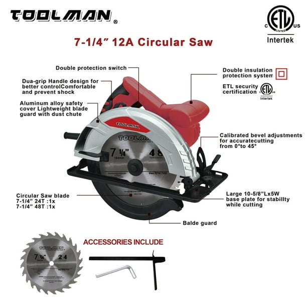 TOOLMAN Circular 7 1/4 inch Saw Arbor 5/8in 12Apms with Circular Saw Blade Lightweight Heavy