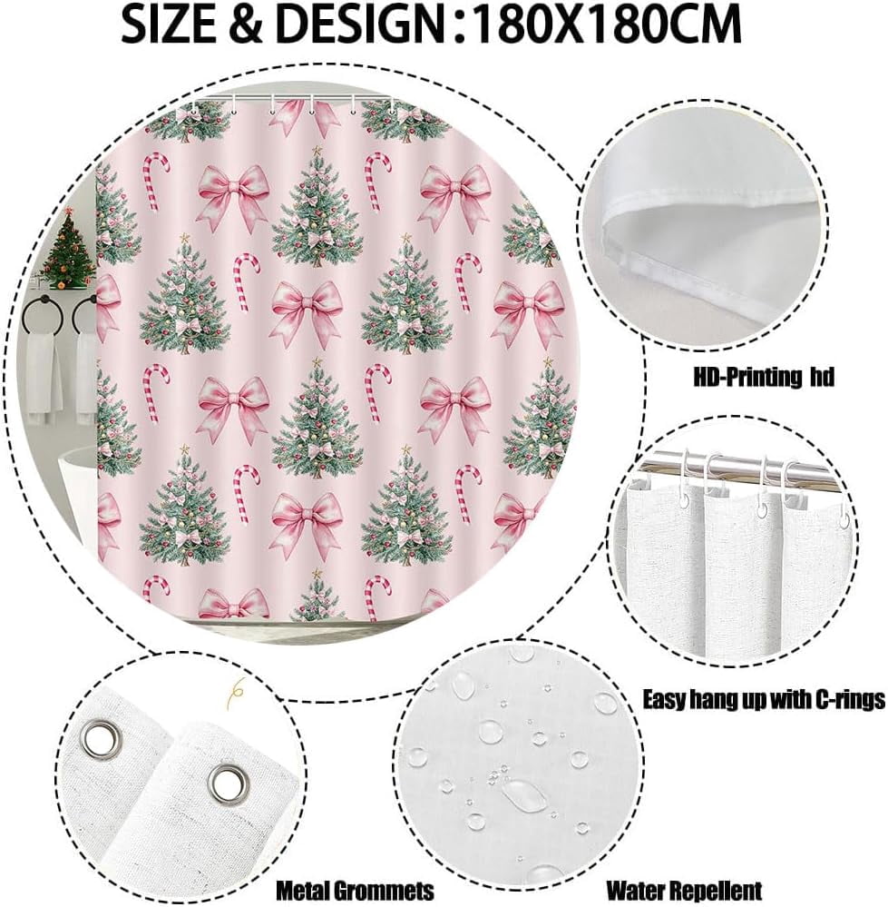 Whimsical Pink Christmas Holiday Shower Curtain Vintage Inspired Xmas Bath Curtain with Christmas Trees Playful Candy Canes Flouncy Bows, Cute Kawaii Coquette Aesthetic Festive Bathroom Decor 70X70IN