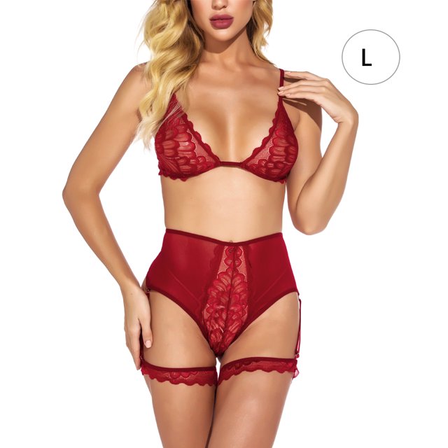 Conjunto de ropa interior con cinturón de liga sexy para mujer Ropa de dormir de lencería de flores de encaje, Rojo, L Inevent XX000077-06