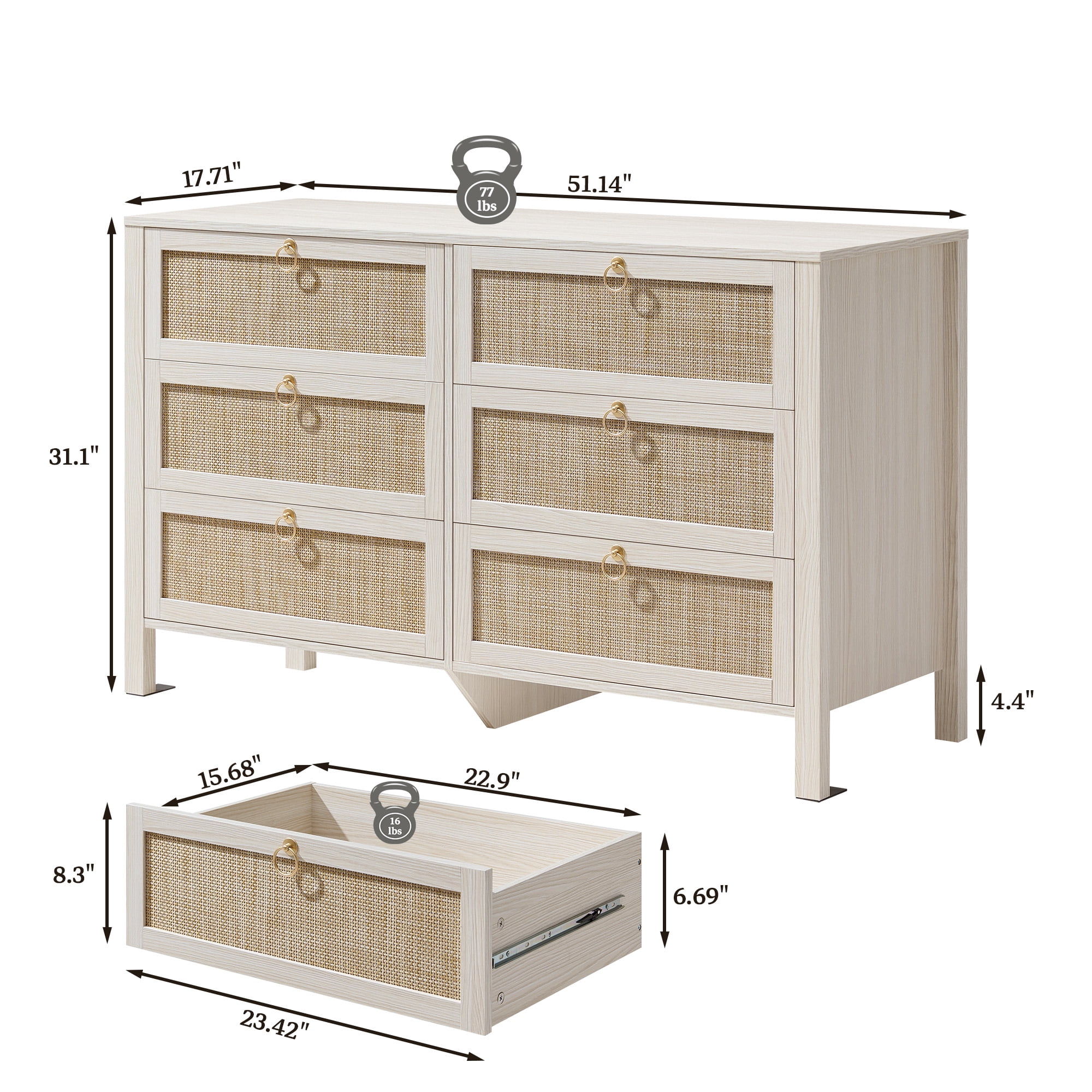 SICOTAS 51.14" Wide 6-Drawer Rattan Dresser, White Boho Chest of Drawers with Gold Handle for Bedroom, Coastal Bedroom Furniture White Oak Dressers for Bedroom
