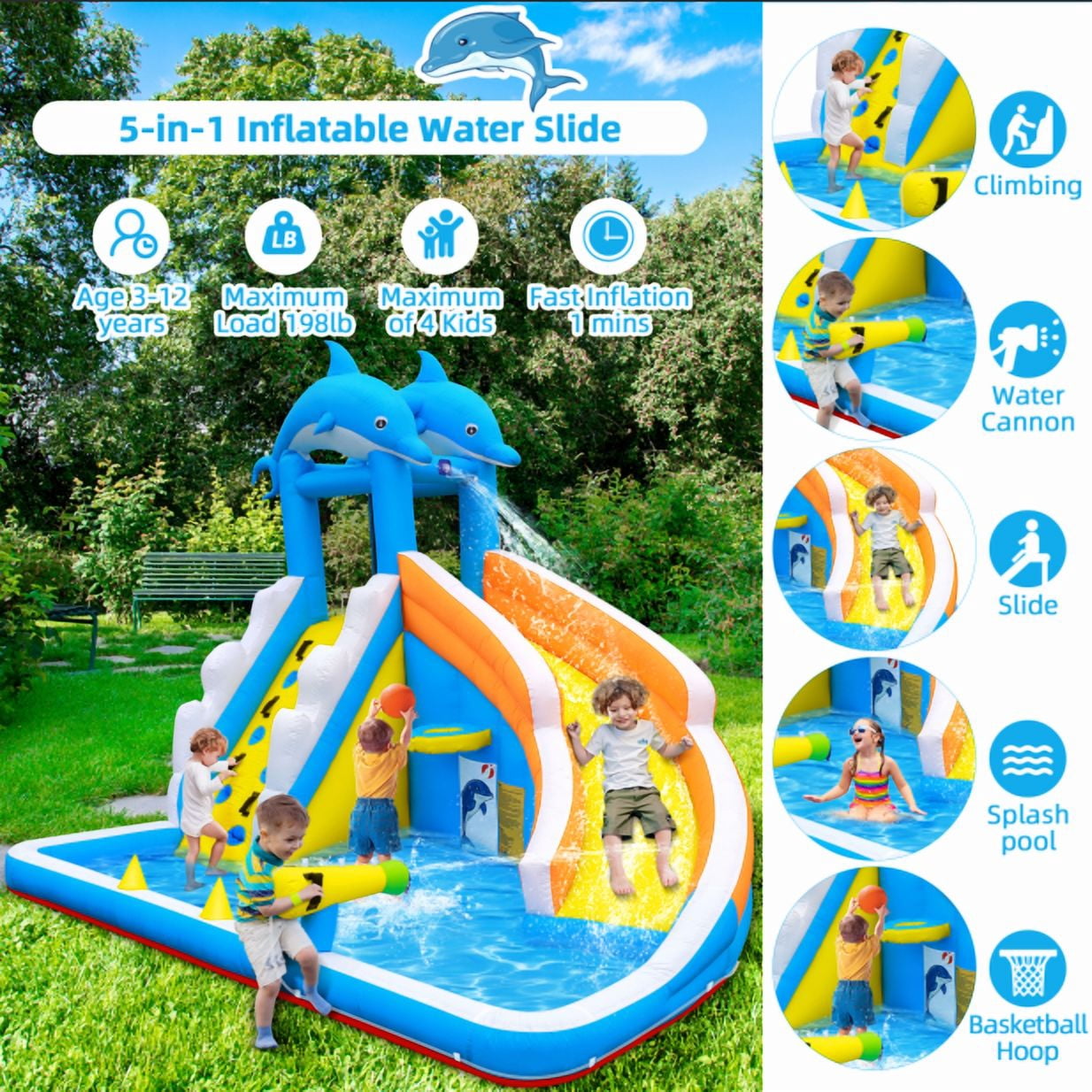 Inflatable Water Slide,5 in 1 Dolphin Inflatable Bounce House for Kids- Climbing Wall Splash Pool Water Cannon Basketball Rim - 480W Blower - for Indoor Outdoor Backyard Birthday Party