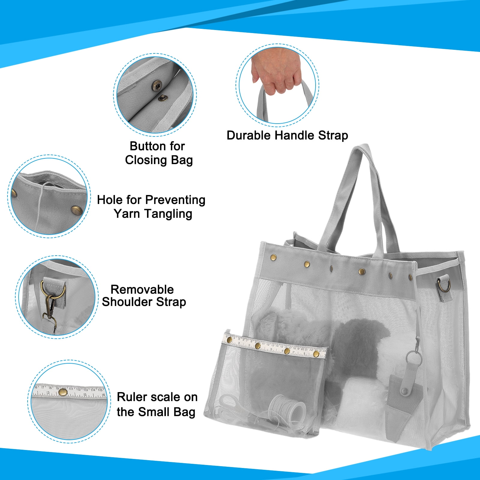 Uxcell Crochet Bag for Yarn Storage, Large Size Knitting Organizer Detachable Mesh Yarn Case Holder with Strap, Gray