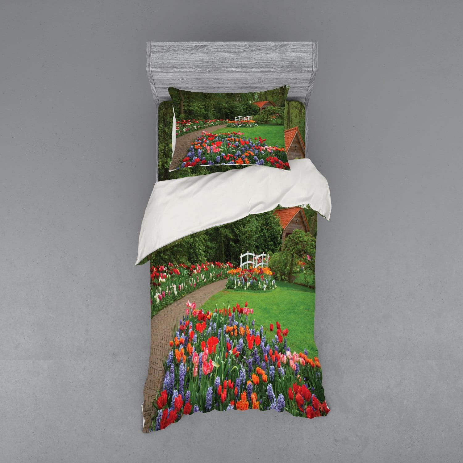 Garden Duvet Cover Set, Spring Garden with Forest Hut Small Bridge