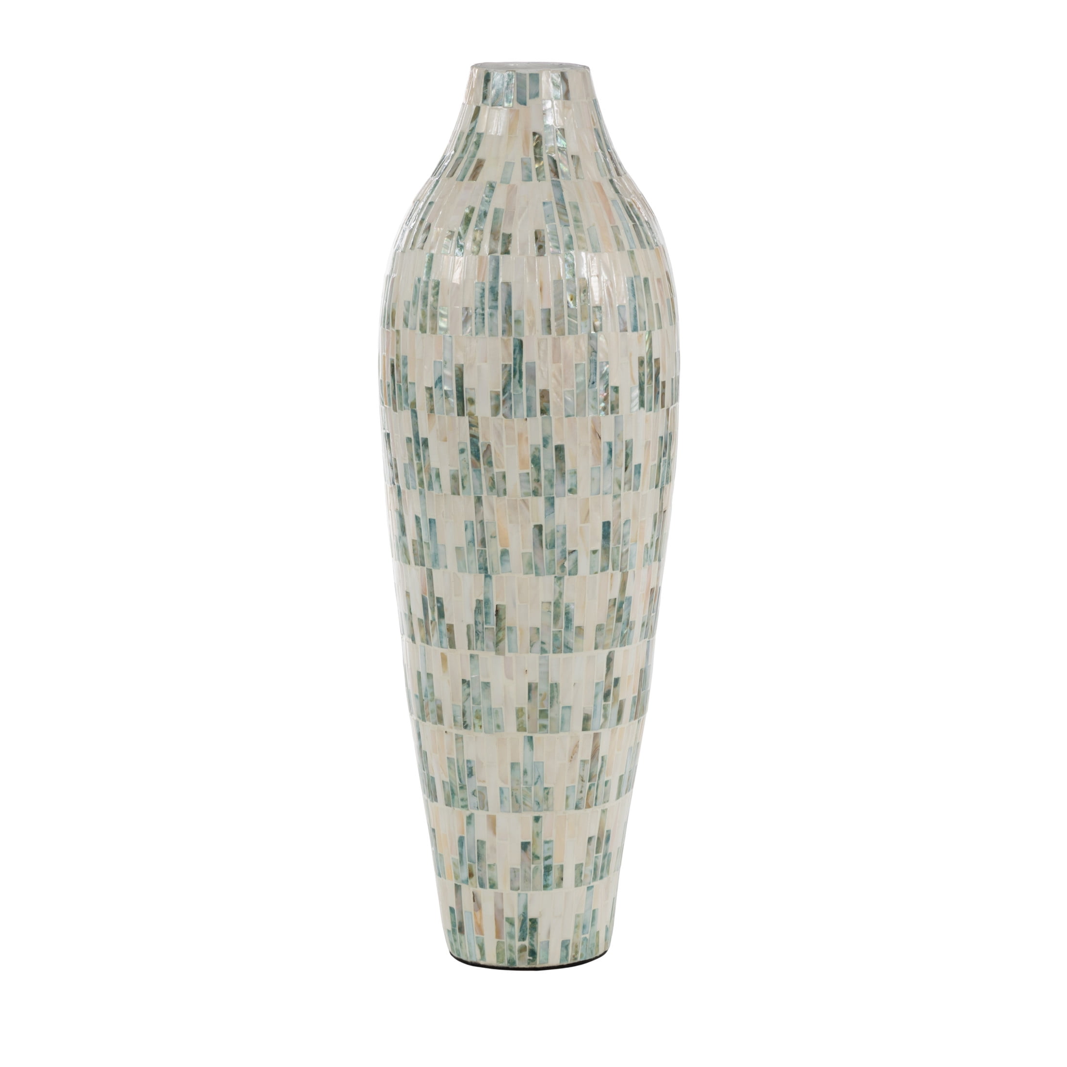 DecMode 28" Handmade Mosaic Inspired White Mother of Pearl Shell Vase with Pastel Blue and Pink Accents