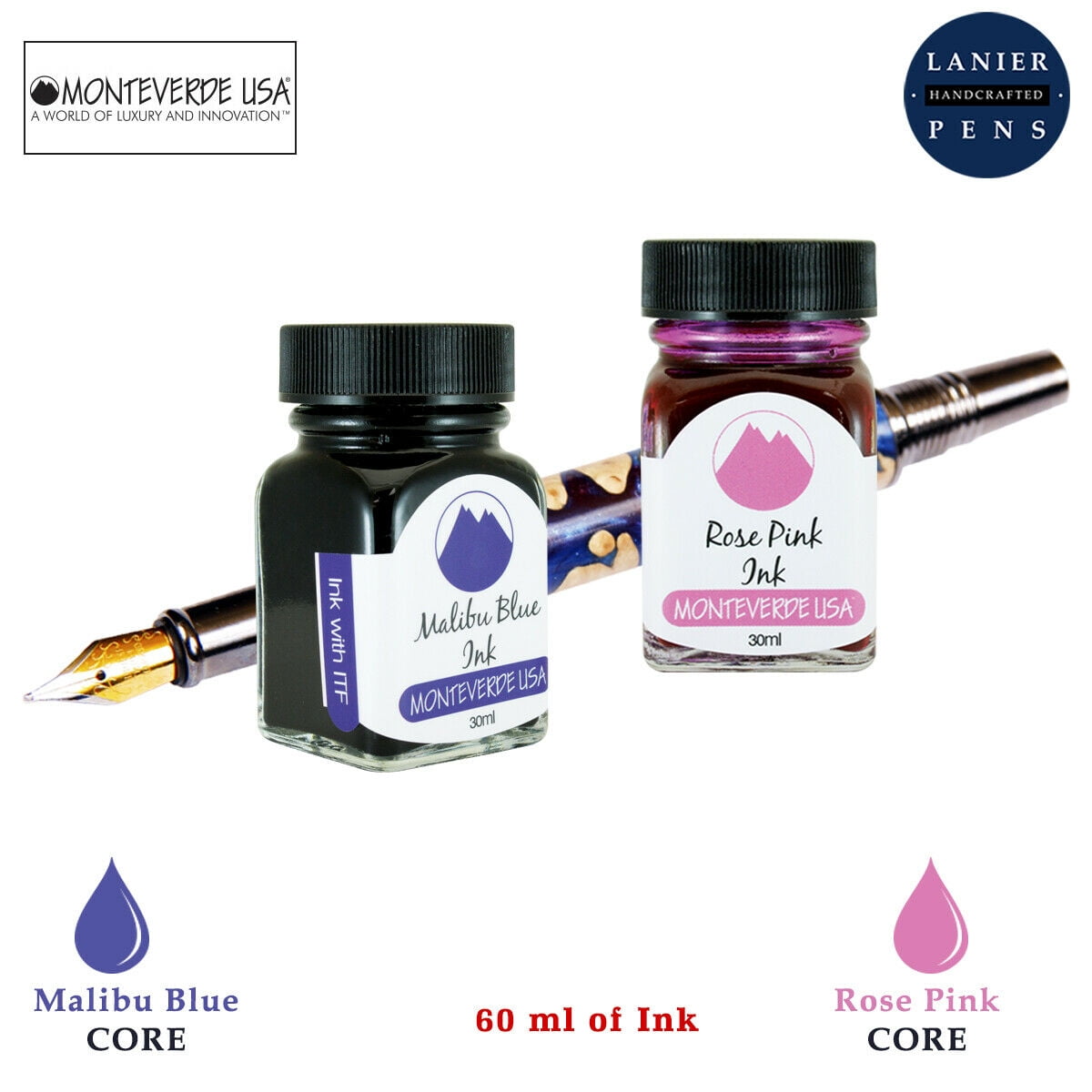 Monteverde 60ml Core Fountain Pen Ink Bottle (30ml Malibu Blue Ink Bottle G309MU, 30ml Rose Pink Ink Bottle G309RP)