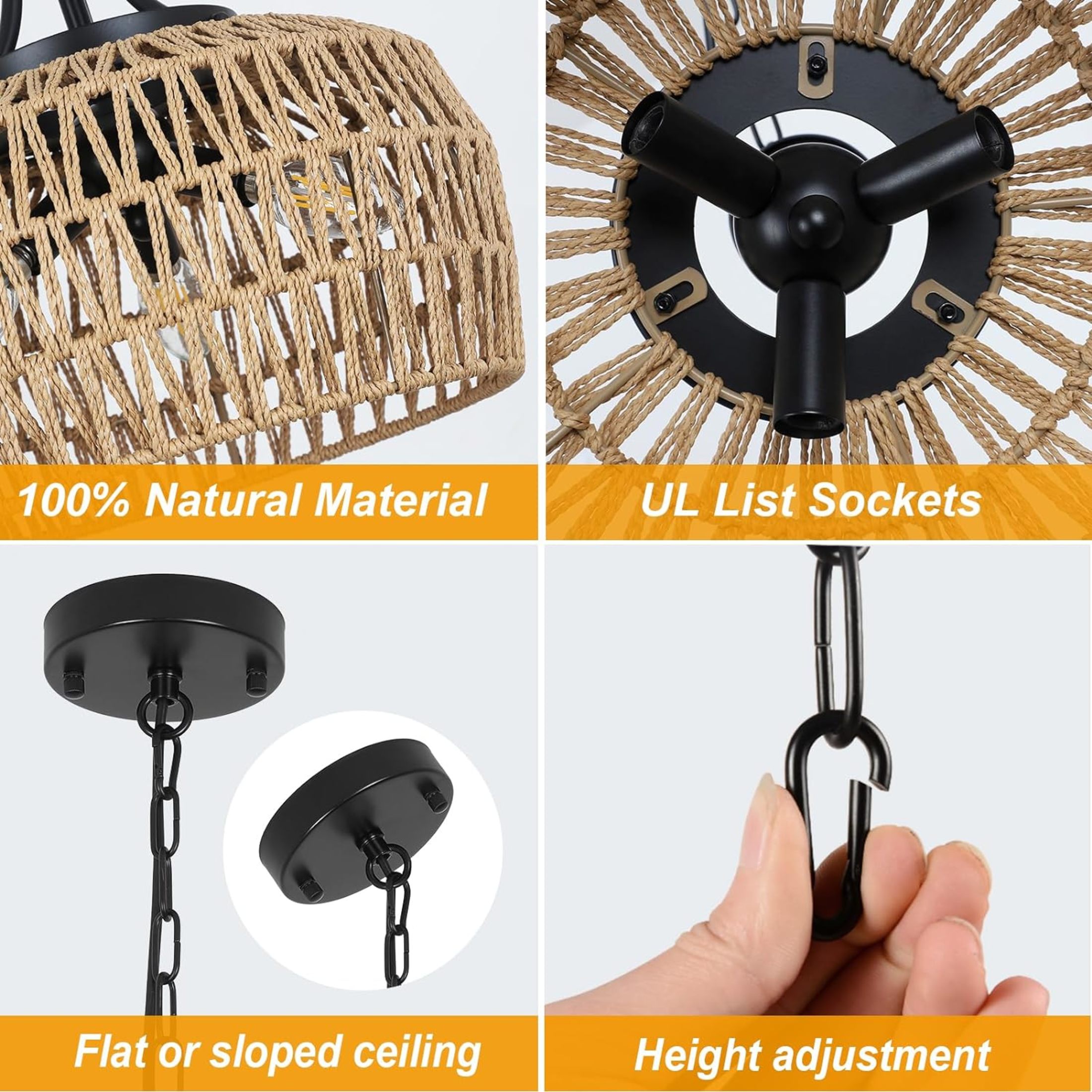 Noble House 12.6" Modern 3-Light Rattan Chandelier, Boho Farmhouse Pendant, E12 Dimmable, Adjustable Height, Black
