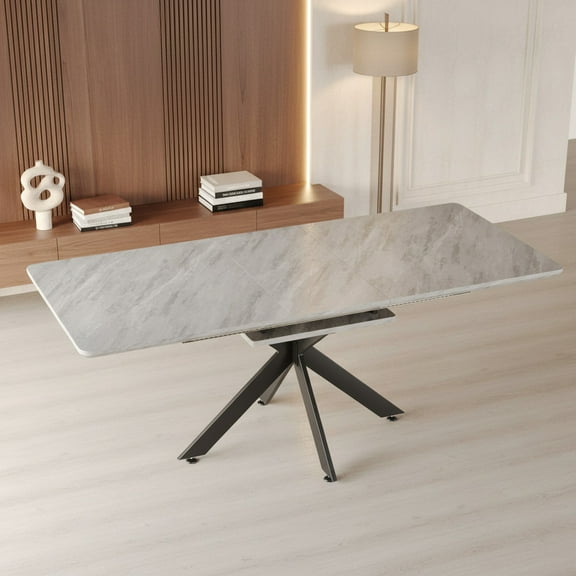 CasaGlajore 62.4" to 78.15" Extendable Dining Table with Black X-Leg Base – Modern Marble Top for 6–10 Seats