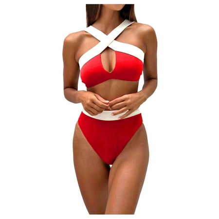 

Womens Plus Size Swimsuit Temperament Beach Solid Women S High Waist Swimsuit Split Color Bikini Strap Swimwears Tankinis Set