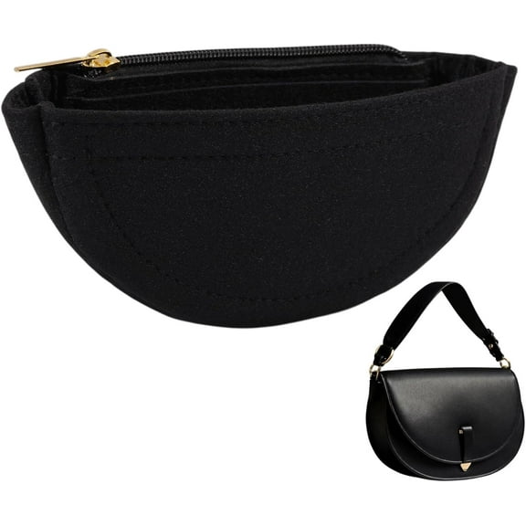 Mini Half Round Felt Purse Organizer Insert Small Handbag Purse Organizer Tote with Zipper for Women Item Storage Black 7.5x3.3x1.8 inch