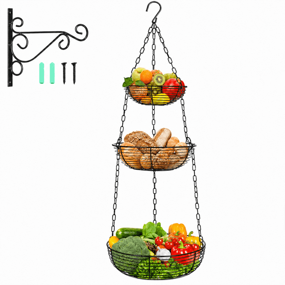 RYLZX 3 Tier Hanging Fruit Basket with Installation Bracket, Heavy Duty Wire Hanging Baskets for Kitchen Storage, 33 Inch Hanging Vegetable Produce Basket Organizer