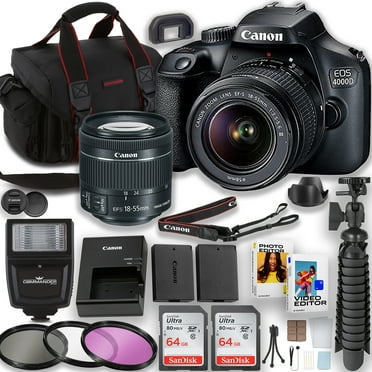 Canon EOS Rebel 4000D / T100 DSLR Camera with EF-S 18-55mm Lens   2pc 64GB Memory Cards   Flash   Photo and Video Software & More