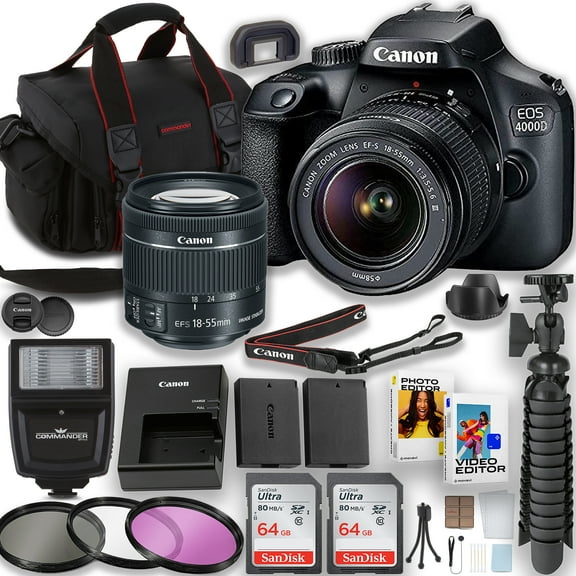 Canon EOS Rebel 4000D / T100 DSLR Camera with EF-S 18-55mm Lens   2pc 64GB Memory Cards   Flash   Photo and Video Software & More (International Version)
