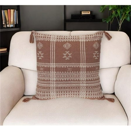 HomeRoots 529254 18 in. Beige & Brown Cotton Throw Pillow with Tassels