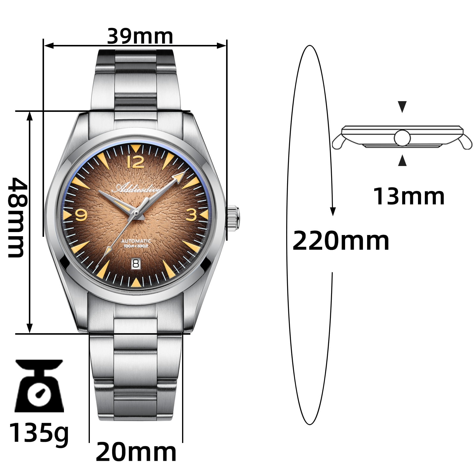 ADDIESDIVE Men's Automatic Dive Watch 100m Waterproof, Japanese 8215 Movement, Luminous, Stainless Steel Bracelet, Luxury Analog Watch for Men