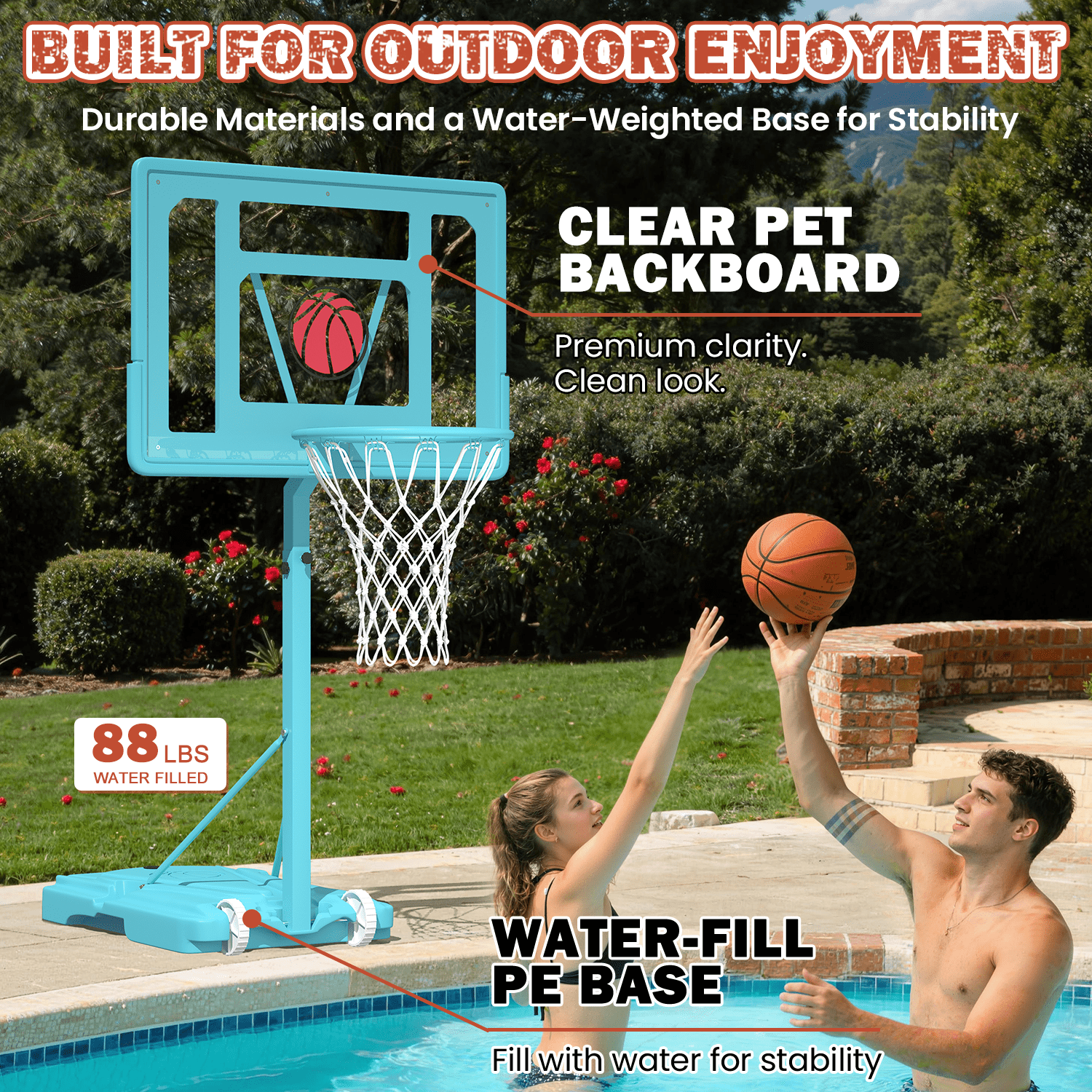 Bezliving 32“x23” Pool Basketball Hoop, 3.1FT-4.1FT Height Adjustable Poolside Basketball Hoop,Include Air Pump,Basketball, Made for Teens, Adults, Blue