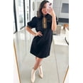 thumbnail image 3 of Women's Black Leopard Patchwork Shift Mini Dress with Puff Sleeves | XL, 3 of 5