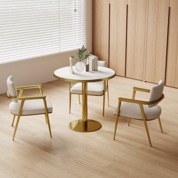 Noble House 31.5" Round Dining Table with Faux Marble Top, Luxury Tulip Table with Stainless Steel Legs, White & Gold