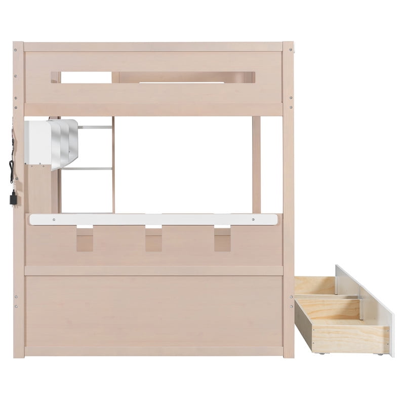 Full Size Castle-Designed Kids's Bunk Bed with Built-in Ladder & LED Strip, Storage Wooden Bed Frame with 2 Drawers & Shelves