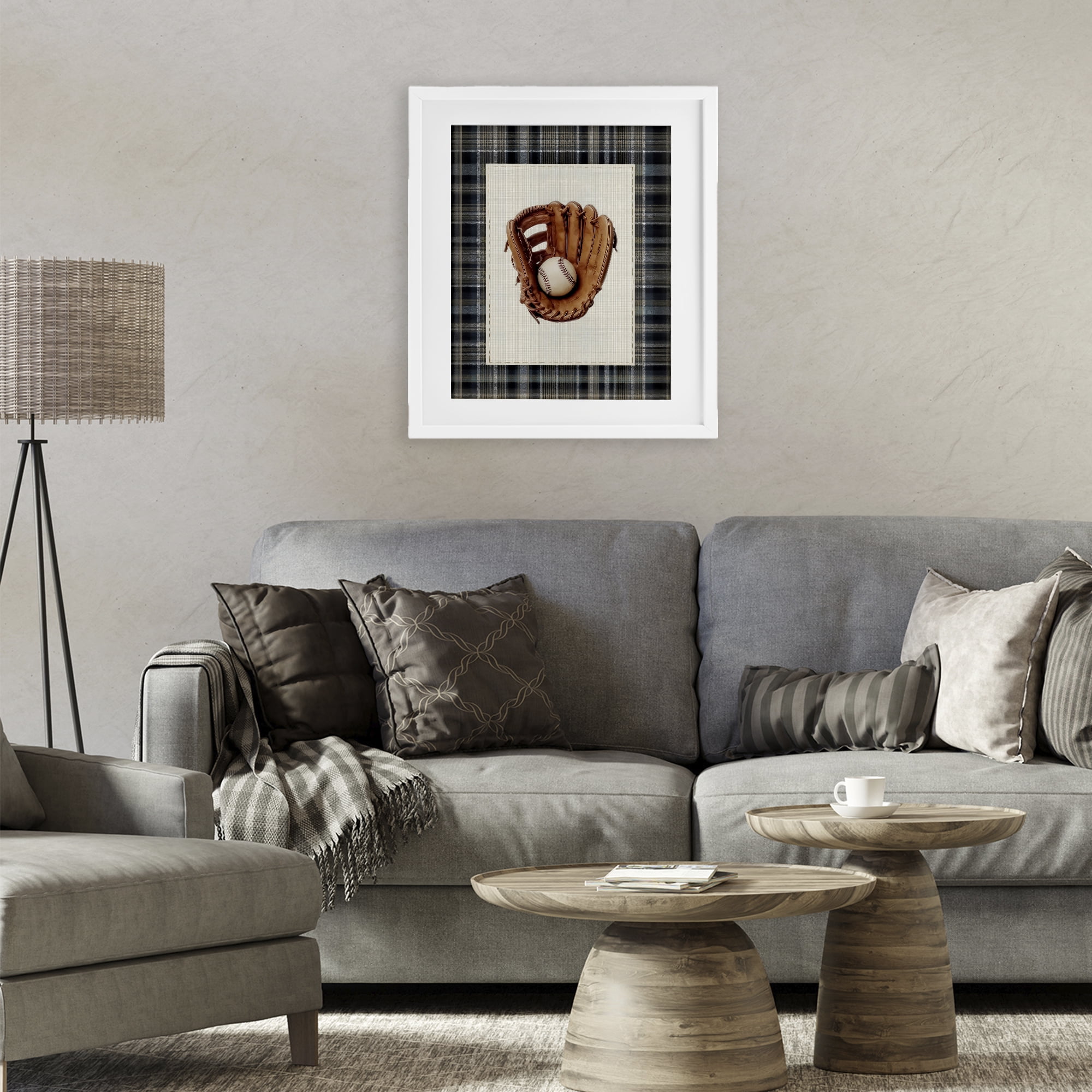 Stupell Industries Baseball Glove with Plaid White Framed Print Under Glass, design by Arlington Prints