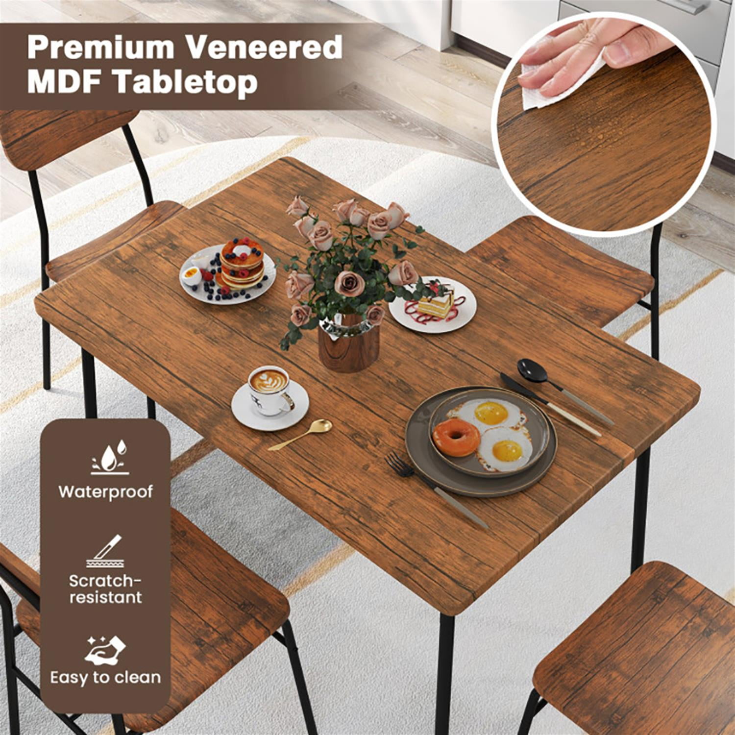 Demi Bonn 5-Piece Dining Table Set with 4 Chairs, 43" Kitchen Table with Metal Frame and Storage Rack, Perfect for Small Space, Brown