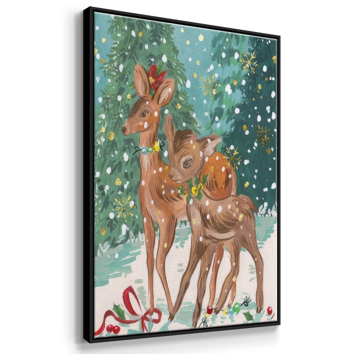 Doe and Fawn I - Framed Gallery Wrapped Holiday Canvas - 25 x 37 - Black Frame