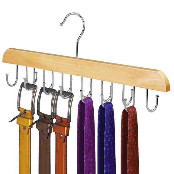 Solid Wood Belt Hanger, 14 Hooks Belt Organizer Space Saver for Closet, 360° Rotating Belt Holder Tie Rack for Men Women Dorm Bra Purse Scarf Tank Top Storage Accessories (Beige)