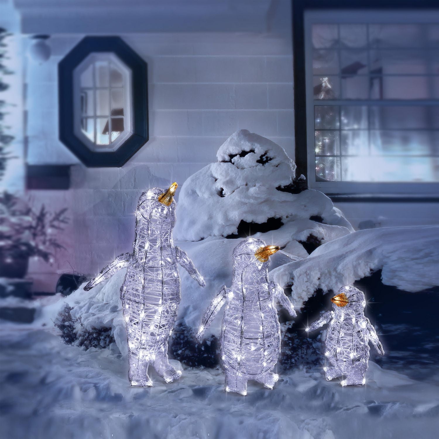 Set of 3 light-up acrylic penguins, 12-20-24 in, 160 5mm pure white led
