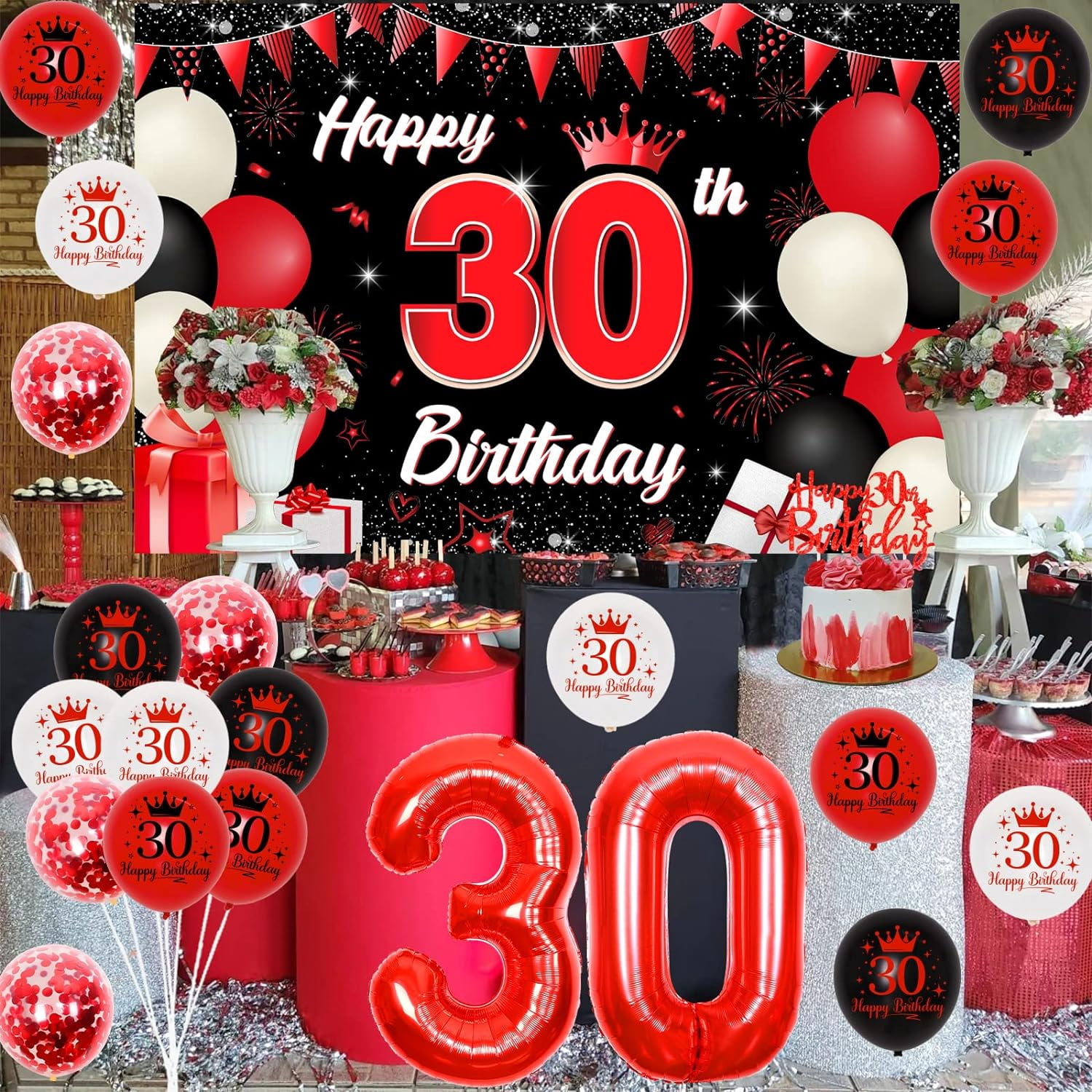 Black and red decorations for male and female 30th birthdays, background of 30th birthday cake and 30th balloon
