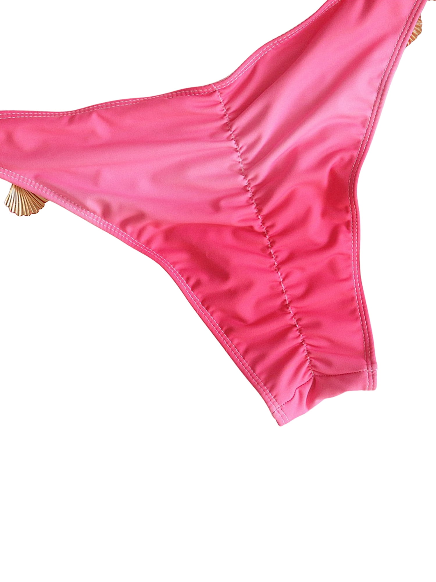 Women Gradient Bikini Suit Shell Tassel Rhinestone Halter Push-Up Bra + Tie  SideThong Strappy Beach Swimwear 