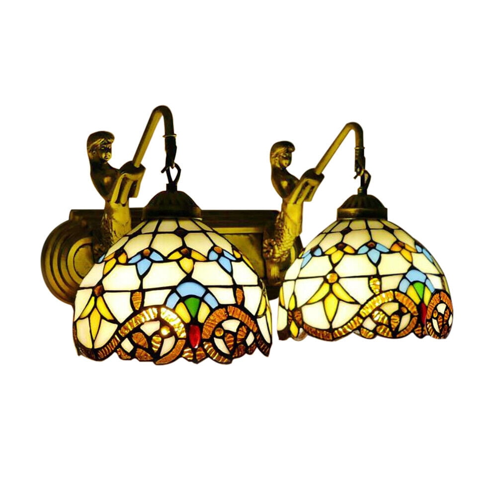 Miumaeov 2 Lights Tiffany Style Mermaid Wall Sconce Vanity Fixture Wall Lamp Stained Glass Wall Mounted Lighting Fixture