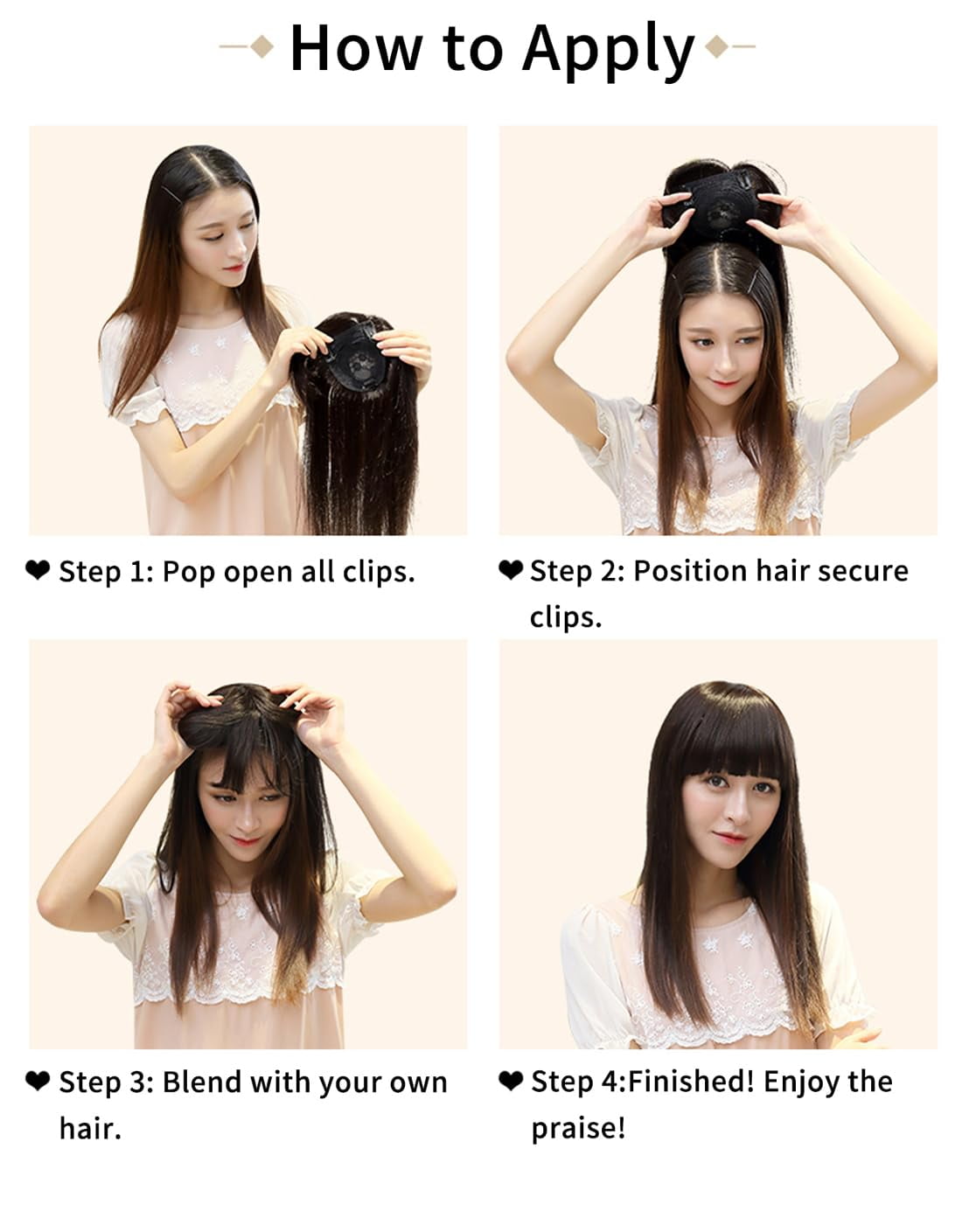 14" Hair Topper with Bangs Clip in Top Extensions 200% Density Silk Base Top Hairpieces Straight Crown Wiglet for Thinning  Hair Women