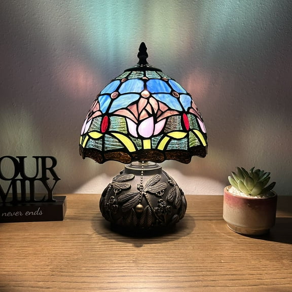 Tiffany Mini Table Lamp Blue Stained Glass Tulips Pull Chain Switch Included LED Bulb Dragonfly Base for Living Room Dining Room Bedroom Bedside 12"H*8"W