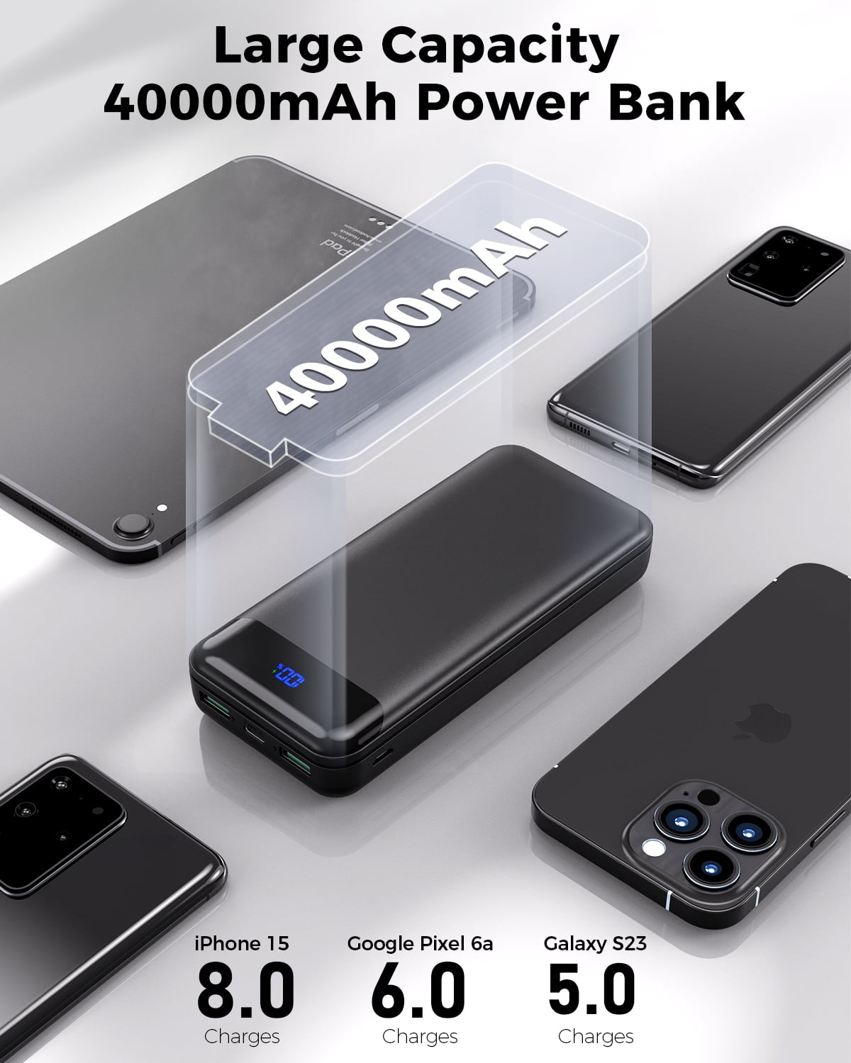 Tilnce 40000mAh Power Bank, 30W PD Fast Charging Portable Charger with LED Digital Display, High Capacity External Battery Pack for iPhone 17 16 15 Pro Max, Samsung Galaxy, iPad, Camping