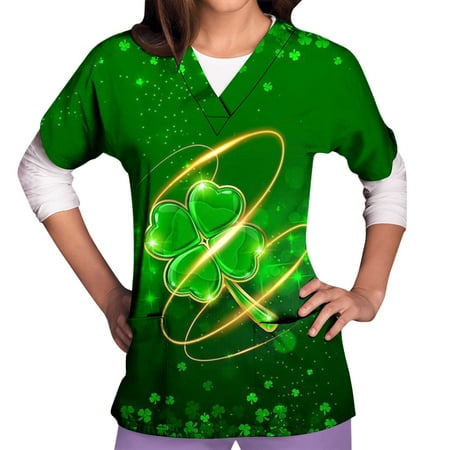 

RYRJJ St. Patrick s Day Women Scrubs_Tops Workwear V Neck Short Sleeve Print Nursing Uniform Scrubs_Shirts with Pockets(01#Army Green XL)