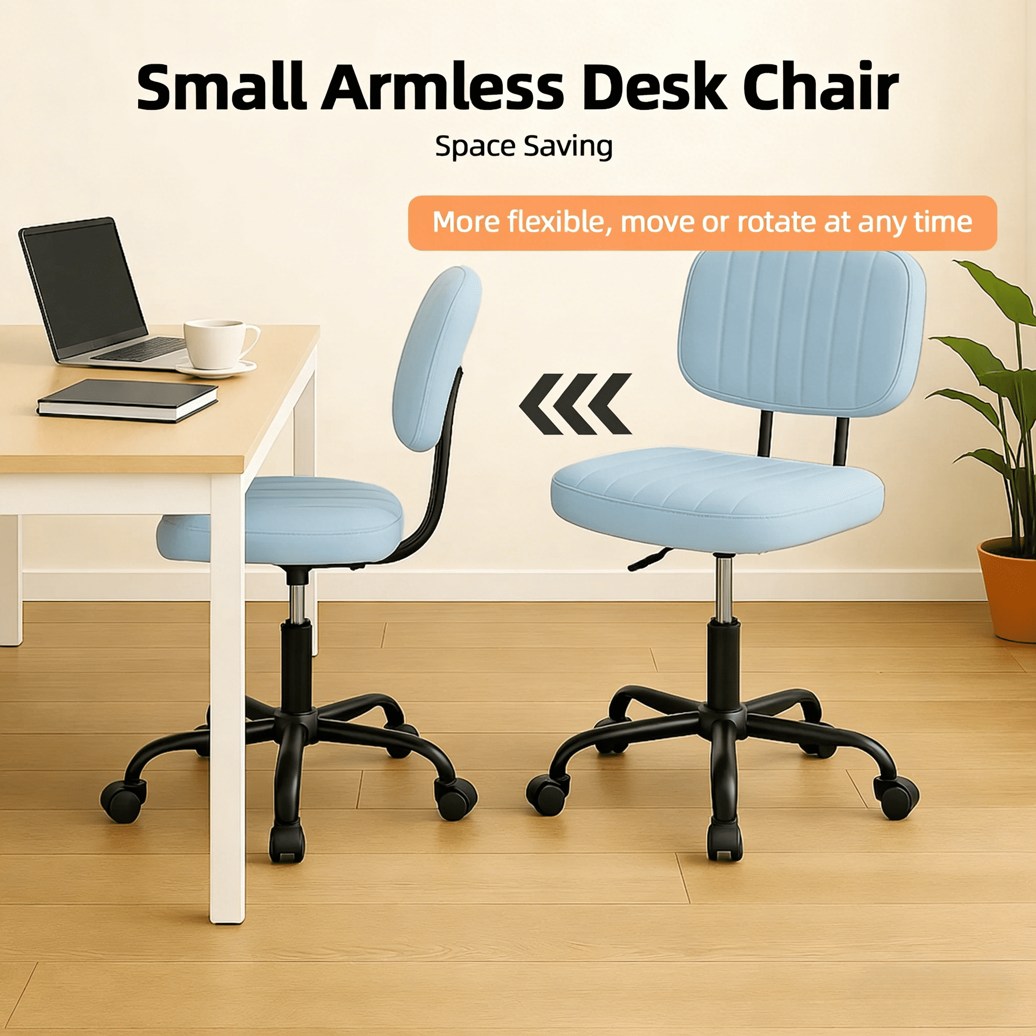 CONCETTA Ergonomic Home Office PU Leather Desk Chair, Small Space, Armless Rolling Chair for Adults, Blue