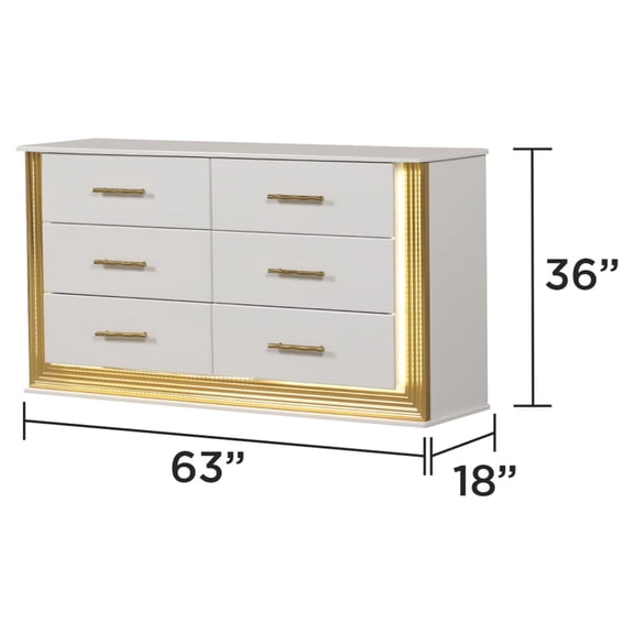 Obsession Contemporary Style 6-Drawer Dresser Made with Wood & Gold Finish