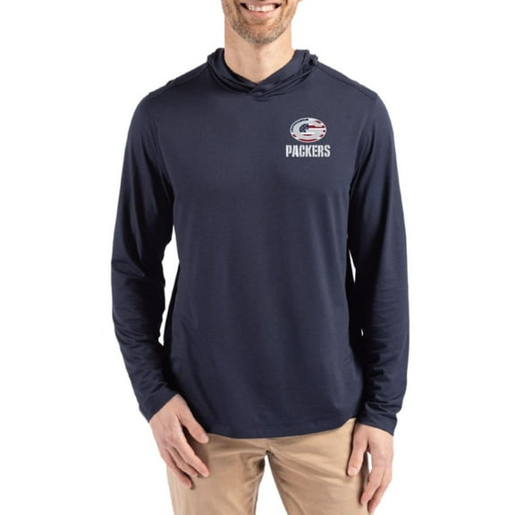 Men's Cutter & Buck Navy Green Bay Packers Americana Coastline Epic Comfort Eco Recycled Long Sleeve Hoodie T-Shirt