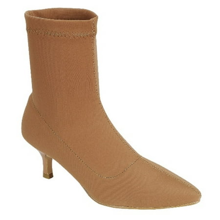 Elastic-12 Women Ankle High Stretch Sock Pointed Toe Kitten Low Heel Boots Booties Tan