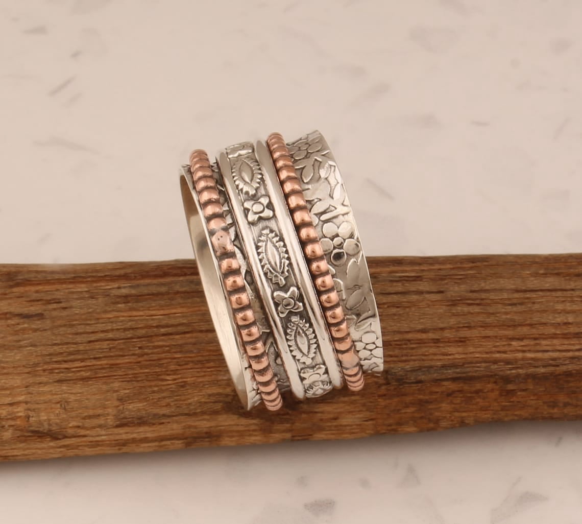 SS DESIGNS- Sterling Silver Spinner Ring | Handmade Two-Tone Silver Meditation Fidget Ring for Stress Relief | Mixed Metal Thumb Band 925