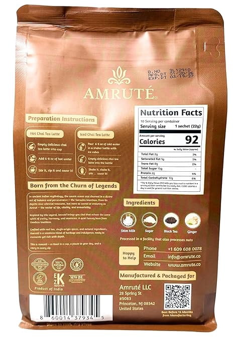 Amruté Ginger Chai Tea Latte – 10 Single Serves, Instant Chai Drink Mix