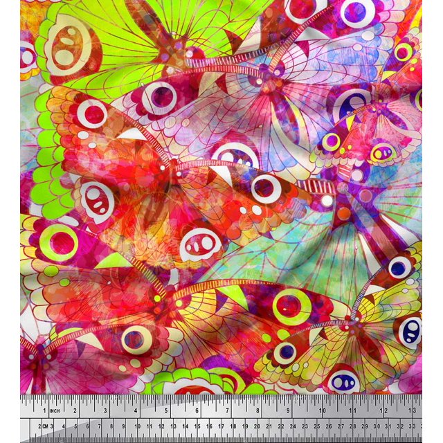 Soimoi Pink Rayon Fabric Colorful Butterfly Print Fabric by the Yard 42 Inch Wide