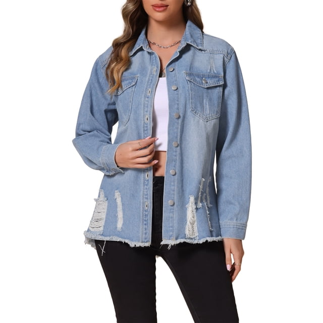 Chaqueta de mezclilla de mujer INSPIRE CHIC, oversized, con dobladillo deshilachado, bolsillos, de manga larga, con botones, color azul claro, talla M