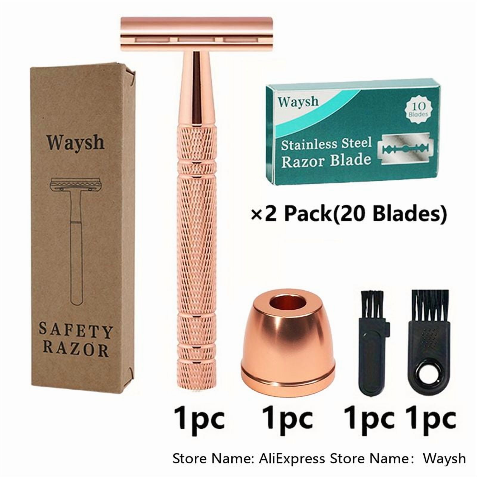 Waysh Classic Wet Shave Men's & Women's 20 Blade Safety Razor Kit with Stand, Rose Gold
