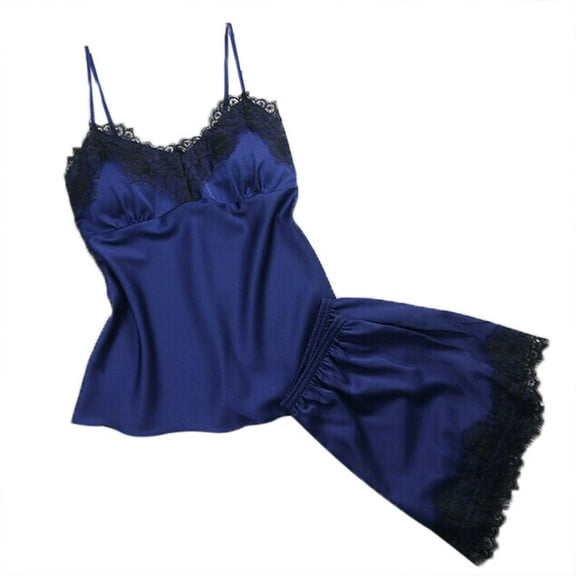 Brilliant Silk Pajamas for Women Women Sleepwear Sleeveless Strap Nightwear Lace Trim Satin Cami Pajama Sets Summer Plus Size Blue M