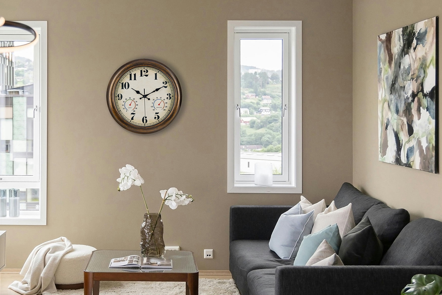 13 Inch Retro Wall Clock,Indoor and Outdoor,Quartz,Analog,Waterproof,Thermometer,Bronze