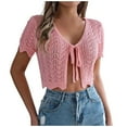 thumbnail image 2 of Women'S Cardigan Summer Lace Up Hollowed Out Short Sleeved Knitted Cardigan Vacation Exposed Navel Sun Shirt Pink S, 2 of 8